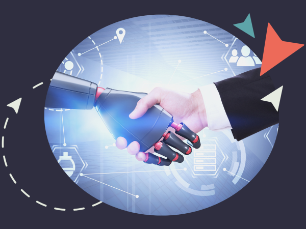 Robottikäsi kättelee ihmiskäden kanssa, taustalla erilaisia tekniikkaan liittyviä syboleita.